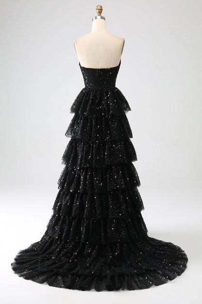 Aimishang Sparkly Black A-Line Strapless Sequins Tiered Long Formal Prom Dress Gorgeous Evening Party Dress with Slit