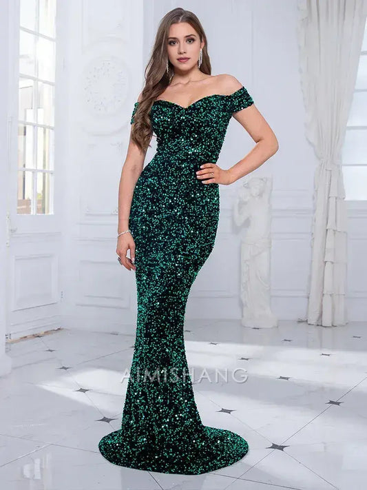 Aimishang Sparkly Black Mermaid Off the Shoulder Sequin Long Formal Prom Dress Elegant Evening Gown Fashion Birthday Party Dress