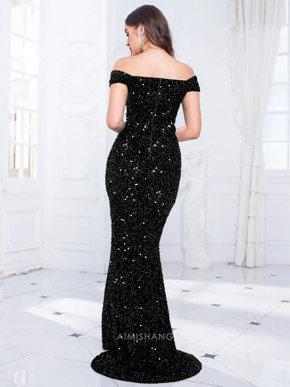 Aimishang Sparkly Black Mermaid Off the Shoulder Sequin Long Formal Prom Dress Elegant Evening Gown Fashion Birthday Party Dress