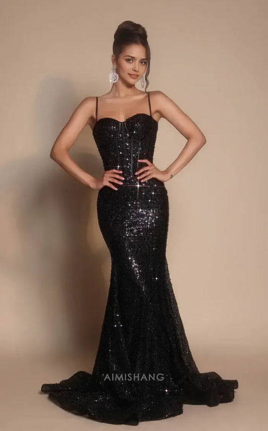 Aimishang Sparkly Black Mermaid Sweetheart Spaghetti Straps Sleeveless Party Evening Gowns Charming Graduation Dress Elegant Long Formal Prom Dress