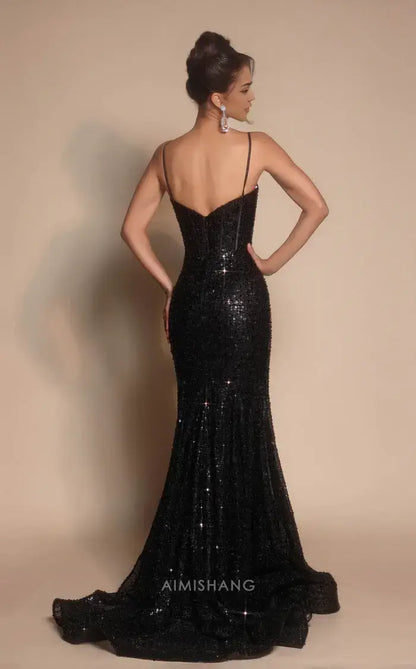 Aimishang Sparkly Black Mermaid Sweetheart Spaghetti Straps Sleeveless Party Evening Gowns Charming Graduation Dress Elegant Long Formal Prom Dress