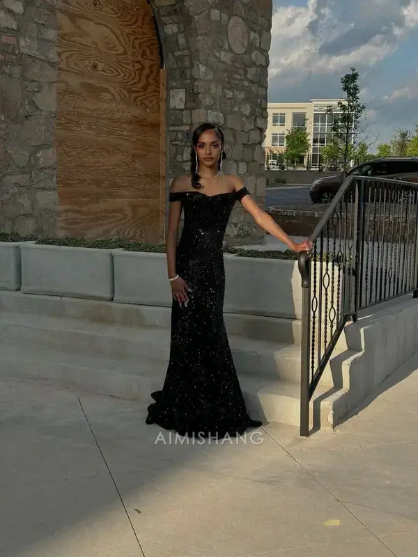 Aimishang Sparkly Black Off the Shoulder Sequin Long Formal Prom Dress Fashion Birthday Party Dress Sexy Evening Gowns