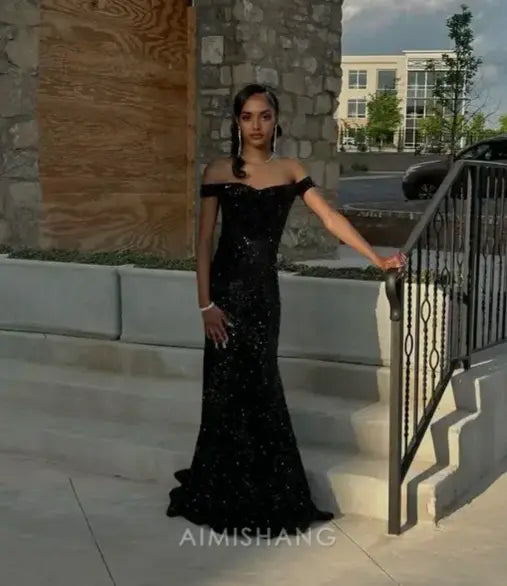 Aimishang Sparkly Black Off the Shoulder Sequin Long Formal Prom Dress Fashion Birthday Party Dress Sexy Evening Gowns