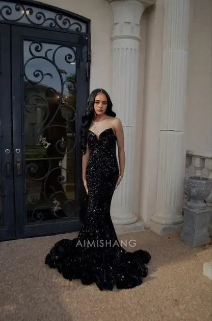 Aimishang Sparkly Black Sequins Mermaid Strapless Sleeveless Long Prom Dress Sexy Party Evening Gown Fashion Formal Dress