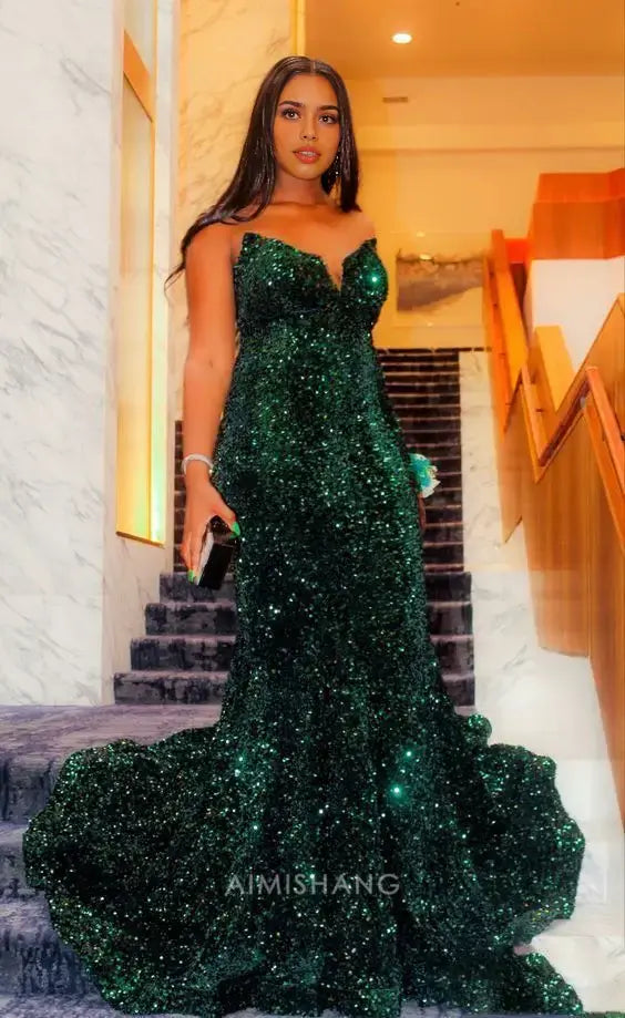Aimishang Sparkly Black Sequins Mermaid Strapless Sleeveless Long Prom Dress Sexy Party Evening Gown Fashion Formal Dress