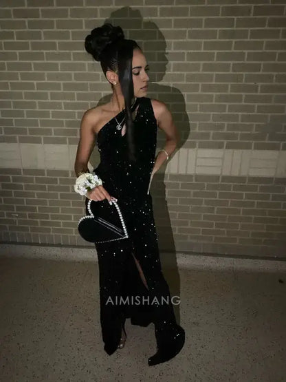 Aimishang Sparkly Black Sheath One Shoulder Sequin Long Formal Prom Dress With Slit Fashion Birthday Party Dress Sexy Evening Gowns