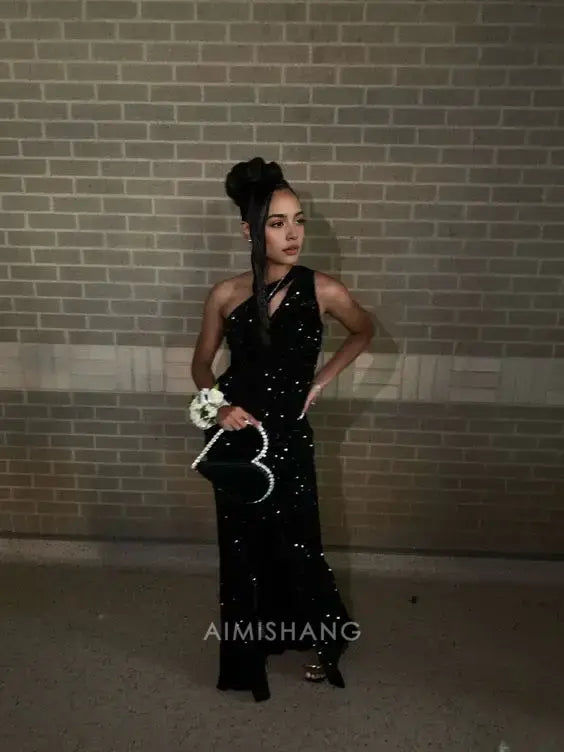 Aimishang Sparkly Black Sheath One Shoulder Sequin Long Formal Prom Dress With Slit Fashion Birthday Party Dress Sexy Evening Gowns