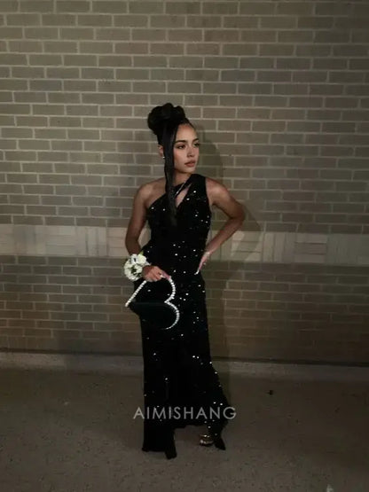 Aimishang Sparkly Black Sheath One Shoulder Sequin Long Formal Prom Dress With Slit Fashion Birthday Party Dress Sexy Evening Gowns