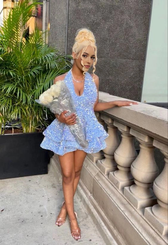 Aimishang Sparkly Blue A Line V Neck Sequins Tiered Sleeveless Short Formal Homecoming Dress Sexy Birthday Party Dress