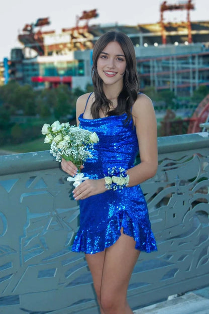 Aimishang Sparkly Blue Sequin Spaghetti Straps Lace-Up Asymmetric Sleeveless Short Homecoming Dress
