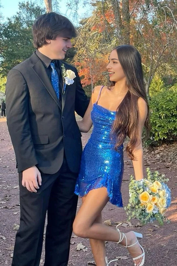 Aimishang Sparkly Blue Sequin Spaghetti Straps Lace-Up Asymmetric Sleeveless Short Homecoming Dress