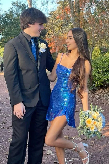 Aimishang Sparkly Blue Sequin Spaghetti Straps Lace-Up Asymmetric Sleeveless Short Homecoming Dress