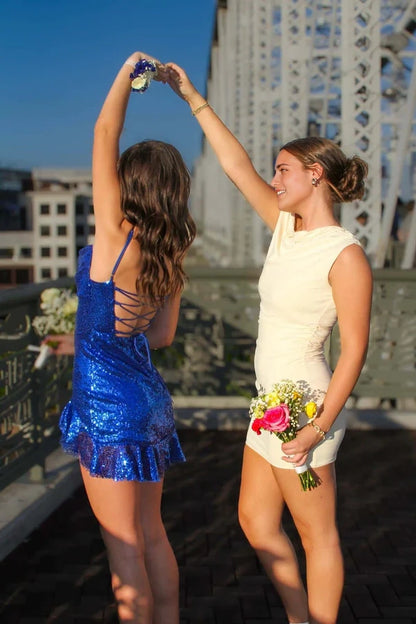 Aimishang Sparkly Blue Sequin Spaghetti Straps Lace-Up Asymmetric Sleeveless Short Homecoming Dress