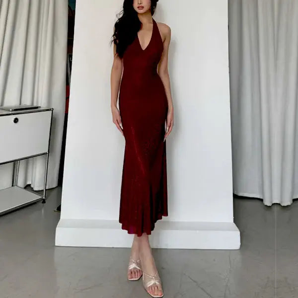 Aimishang Sparkly Halter Neck Sleeveless Backless Party Evening Gown Fashion Formal Prom Dress