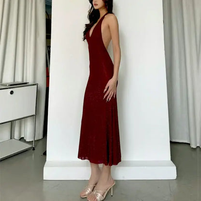 Aimishang Sparkly Halter Neck Sleeveless Backless Party Evening Gown Fashion Formal Prom Dress