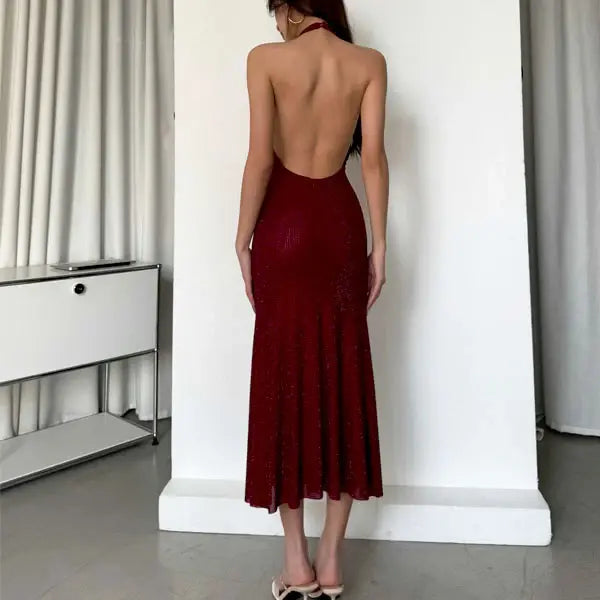 Aimishang Sparkly Halter Neck Sleeveless Backless Party Evening Gown Fashion Formal Prom Dress