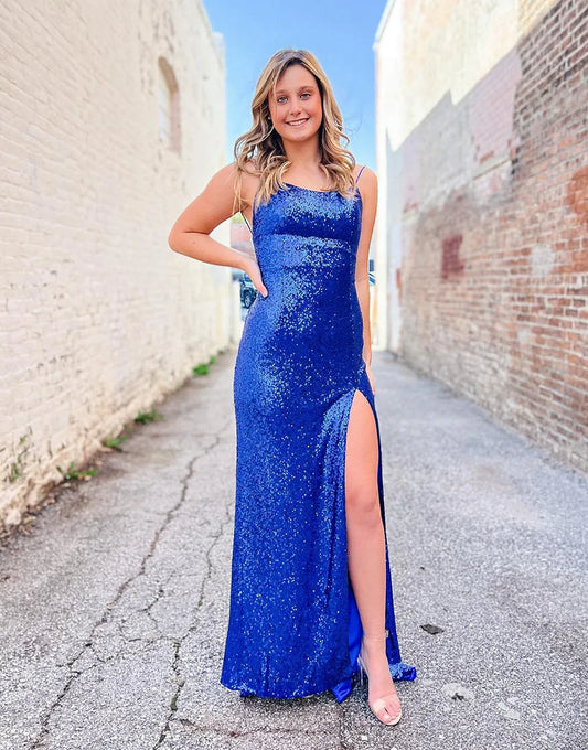 Aimishang Sparkly Long Prom Dress Sexy Spaghetti Straps Blue Elegant Evening Party Dress With Slit