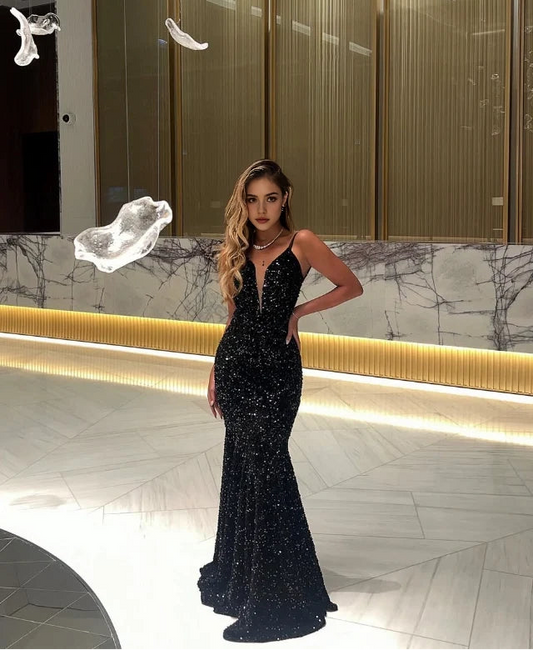 Aimishang Sparkly Mermaid Black Sequin Sleeveless Party Evening Gown Fashion Long Formal Prom Dress