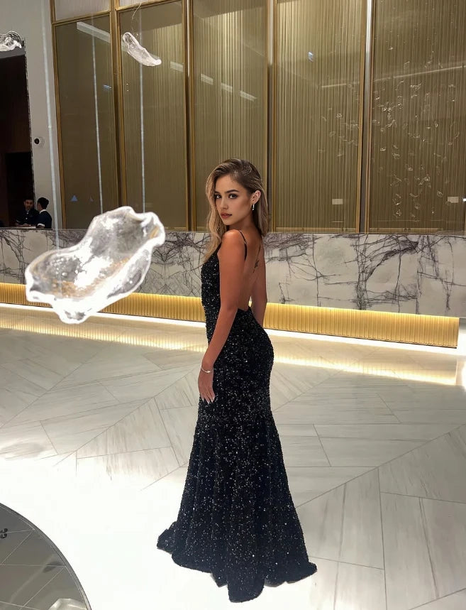 Aimishang Sparkly Mermaid Black Sequin Sleeveless Party Evening Gown Fashion Long Formal Prom Dress