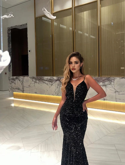 Aimishang Sparkly Mermaid Black Sequin Sleeveless Party Evening Gown Fashion Long Formal Prom Dress