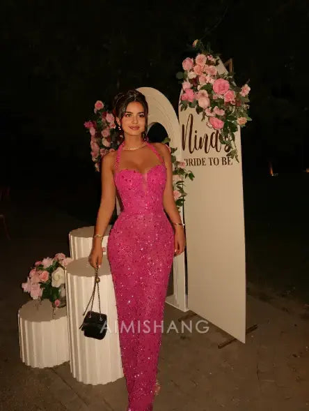 Aimishang Sparkly Halter Sleeveless Sequins Long Formal Prom Dress Sexy Evening Gowns Fashion Birthday Party Dress