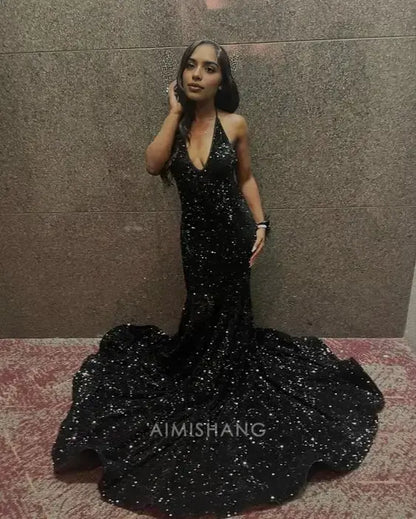 Aimishang Sparkly Mermaid Halter V-neck Sleeveless Sequins Long Formal Prom Dress Sexy Party Evening Gowns Charming Black Girls Graduation Dress