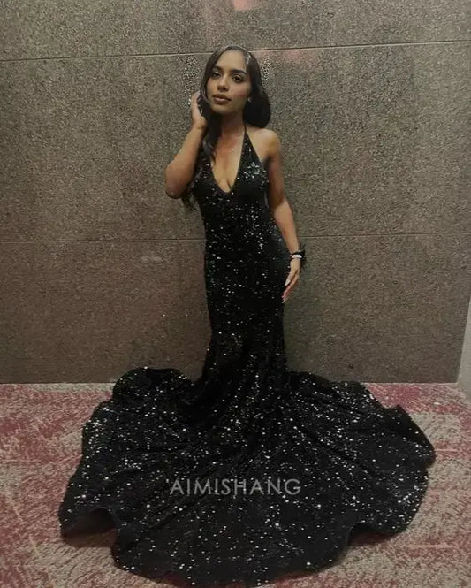 Aimishang Sparkly Mermaid Halter V-neck Sleeveless Sequins Long Formal Prom Dress Sexy Party Evening Gowns Charming Black Girls Graduation Dress