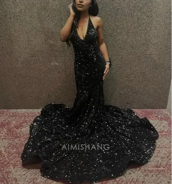 Aimishang Sparkly Mermaid Halter V-neck Sleeveless Sequins Long Formal Prom Dress Sexy Party Evening Gowns Charming Black Girls Graduation Dress