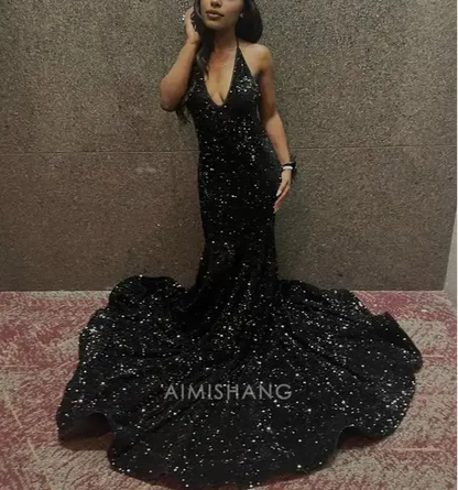 Aimishang Sparkly Mermaid Halter V-neck Sleeveless Sequins Long Formal Prom Dress Sexy Party Evening Gowns Charming Black Girls Graduation Dress