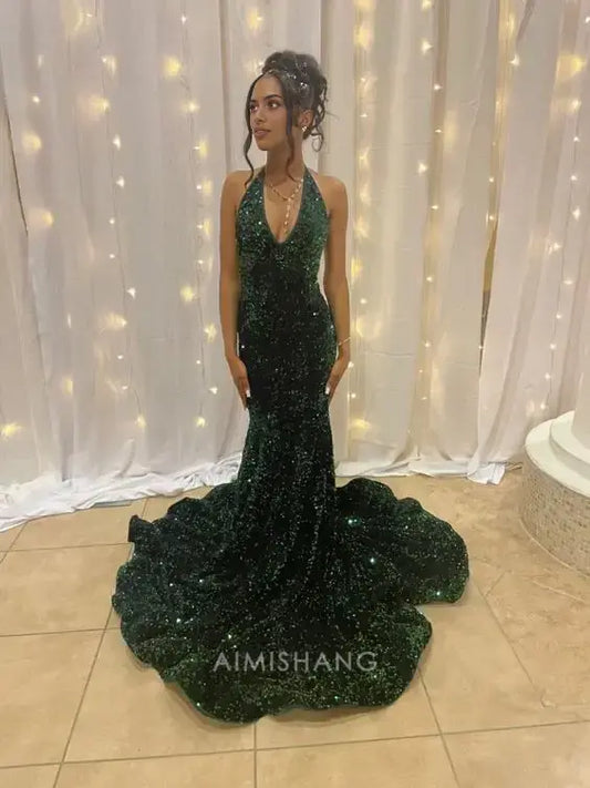 Aimishang Sparkly Mermaid Halter V-neck Sleeveless Sequins Long Formal Prom Dress Sexy Party Evening Gowns Charming Graduation Dress