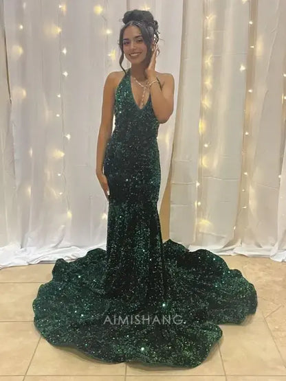 Aimishang Sparkly Mermaid Halter V-neck Sleeveless Sequins Long Formal Prom Dress Sexy Party Evening Gowns Charming Graduation Dress