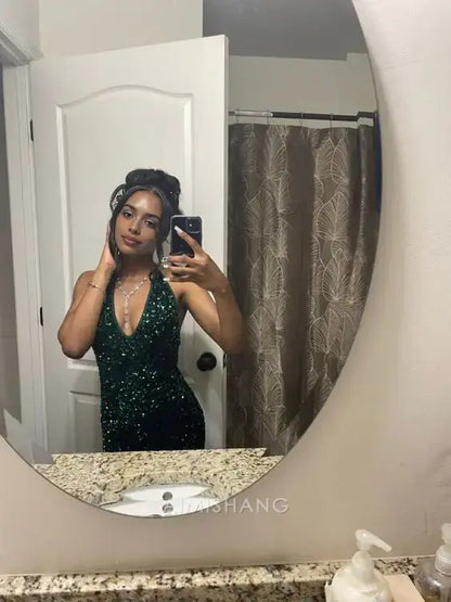 Aimishang Sparkly Mermaid Halter V-neck Sleeveless Sequins Long Formal Prom Dress Sexy Party Evening Gowns Charming Graduation Dress