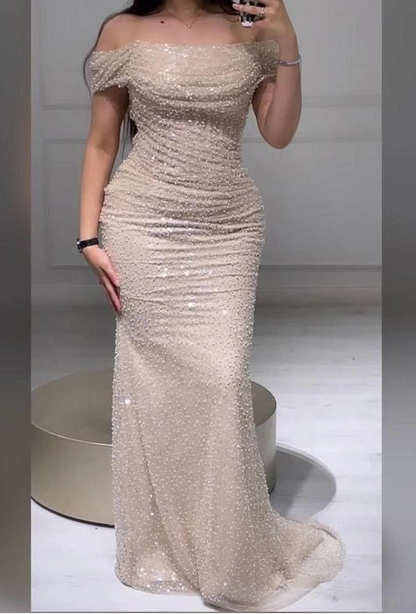 Aimishang Sparkly Mermaid Off-Shoulder Short Sleeve Ruched Sequin Floor-Length Women's Prom Dress