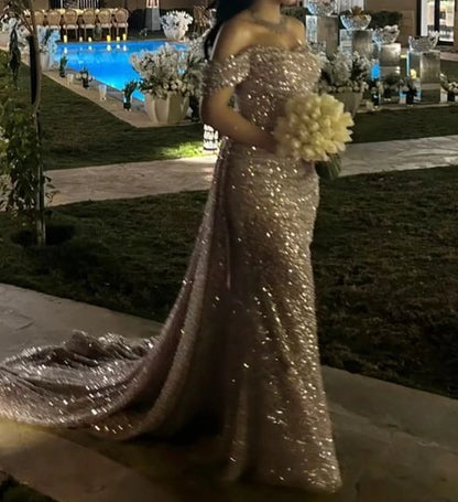 Aimishang Sparkly Mermaid Off Shoulder Sequin Long Formal Prom Dress Gorgeous Party Evening Gown