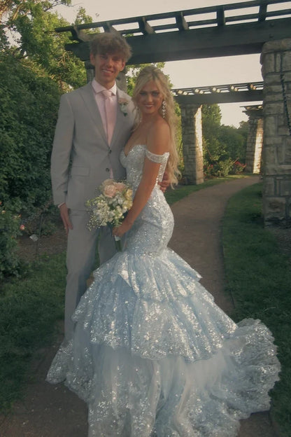 Sparkly Mermaid Off Shoulder Tiered Ruffle Sequin Tulle Gown Women's Prom Dress