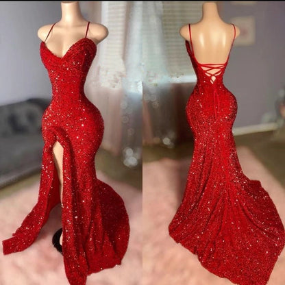 Aimishang Sparkly Mermaid Sequins Spaghetti Straps Sleeveless Party Evening Gown Fashion Long Formal Prom Dress With Slit