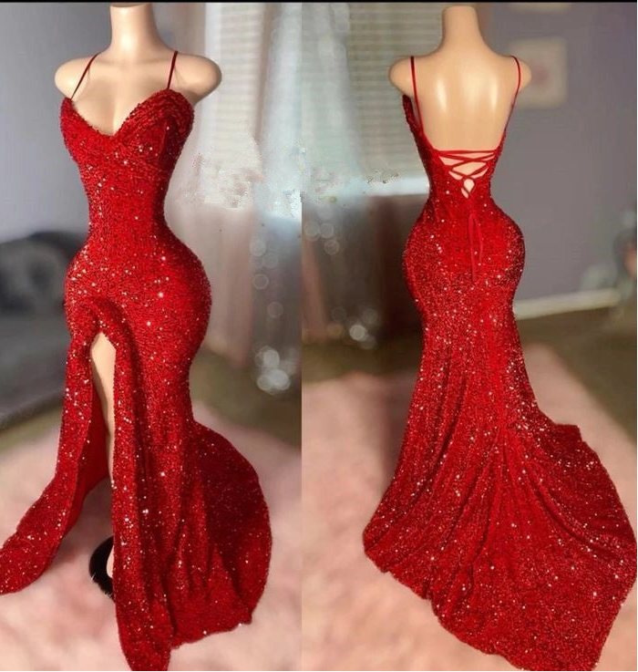 Aimishang Sparkly Mermaid Sequins Spaghetti Straps Sleeveless Party Evening Gown Fashion Long Formal Prom Dress With Slit