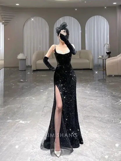 Aimishang Sparkly Mermaid Sleeveless Black Sequins Long Formal Prom Dress With Slit Sexy Party Evening Gowns Charming Graduation Dress No With Gloves