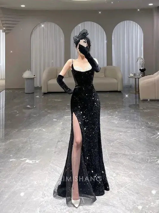 Aimishang Sparkly Mermaid Sleeveless Black Sequins Long Formal Prom Dress With Slit Sexy Party Evening Gowns Charming Graduation Dress No With Gloves