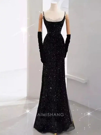 Aimishang Sparkly Mermaid Sleeveless Black Sequins Long Formal Prom Dress With Slit Sexy Party Evening Gowns Charming Graduation Dress No With Gloves