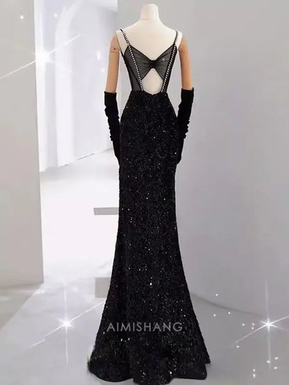 Aimishang Sparkly Mermaid Sleeveless Black Sequins Long Formal Prom Dress With Slit Sexy Party Evening Gowns Charming Graduation Dress No With Gloves