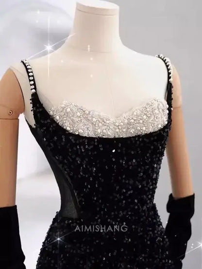 Aimishang Sparkly Mermaid Sleeveless Black Sequins Long Formal Prom Dress With Slit Sexy Party Evening Gowns Charming Graduation Dress No With Gloves