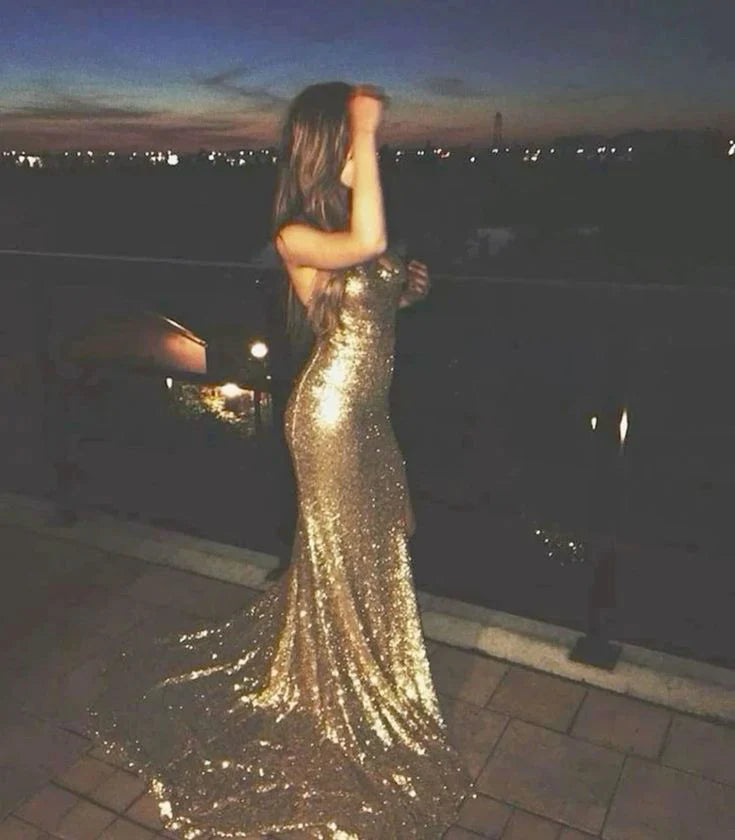 Aimishang Sparkly Mermaid Sleeveless Open Back Sequin Party Evening Gown Classy Long Formal Prom Dress