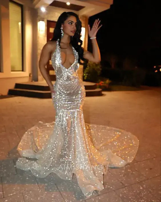 Aimishang Sparkly Mermaid Sleeveless Sequins Long Formal Prom Dress With Train Sexy Evening Gowns Fashion Birthday Party Dress