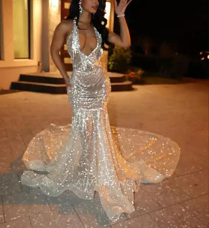 Aimishang Sparkly Mermaid Sleeveless Sequins Long Formal Prom Dress With Train Sexy Evening Gowns Fashion Birthday Party Dress