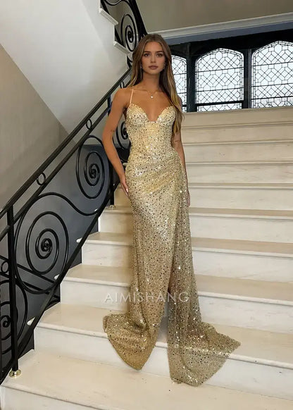 Aimishang Sparkly Mermaid Spaghetti Strap Long Formal Prom Dress With Slit Gorgeous Birthday Party Dress Sexy Black Grils Evening Gowns