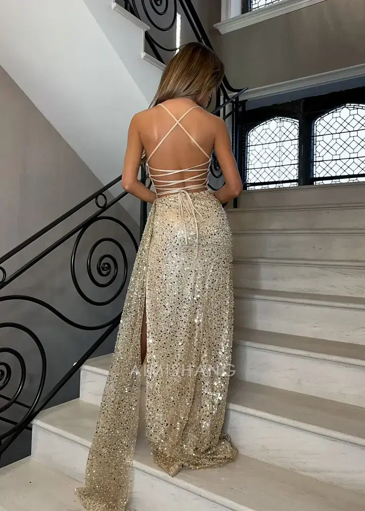 Aimishang Sparkly Mermaid Spaghetti Strap Long Formal Prom Dress With Slit Gorgeous Birthday Party Dress Sexy Black Grils Evening Gowns