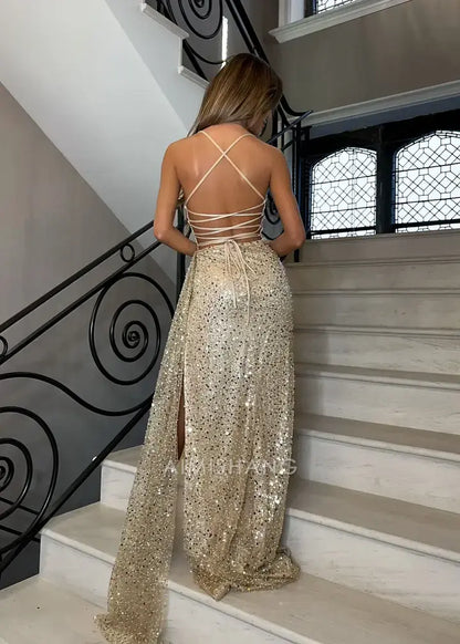 Aimishang Sparkly Mermaid Spaghetti Strap Long Formal Prom Dress With Slit Gorgeous Birthday Party Dress Sexy Black Grils Evening Gowns