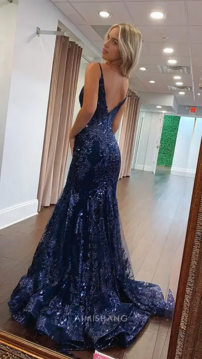 Aimishang Sparkly Mermaid Spaghetti Straps Sleeveless Long Formal Prom Dress Sexy Party Evening Gowns Charming Graduation Dress