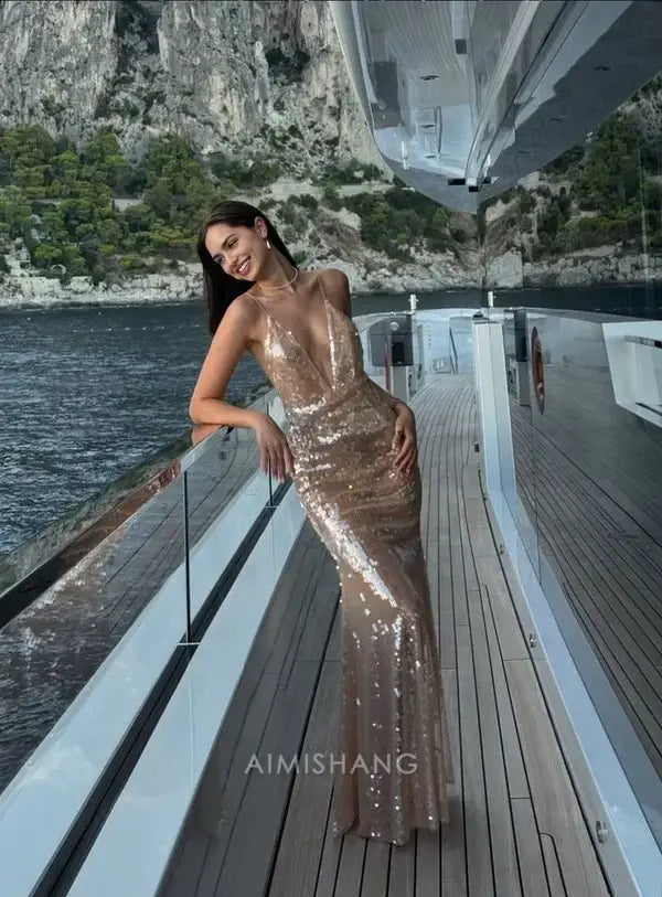 Aimishang Sparkly Mermaid Spaghetti Straps V Neck Sleeveless Sequin Long Formal Prom Dress Sexy Party Evening Gowns Charming Wedding Guest Dress